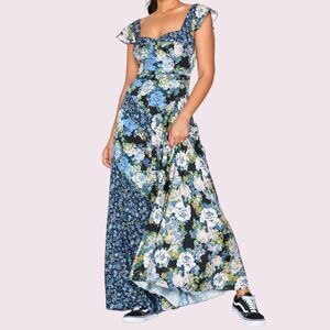 FREE PEOPLE Blue La Fleur Maxi Dress Size 2 Floral Patchwork Sweetheart Party